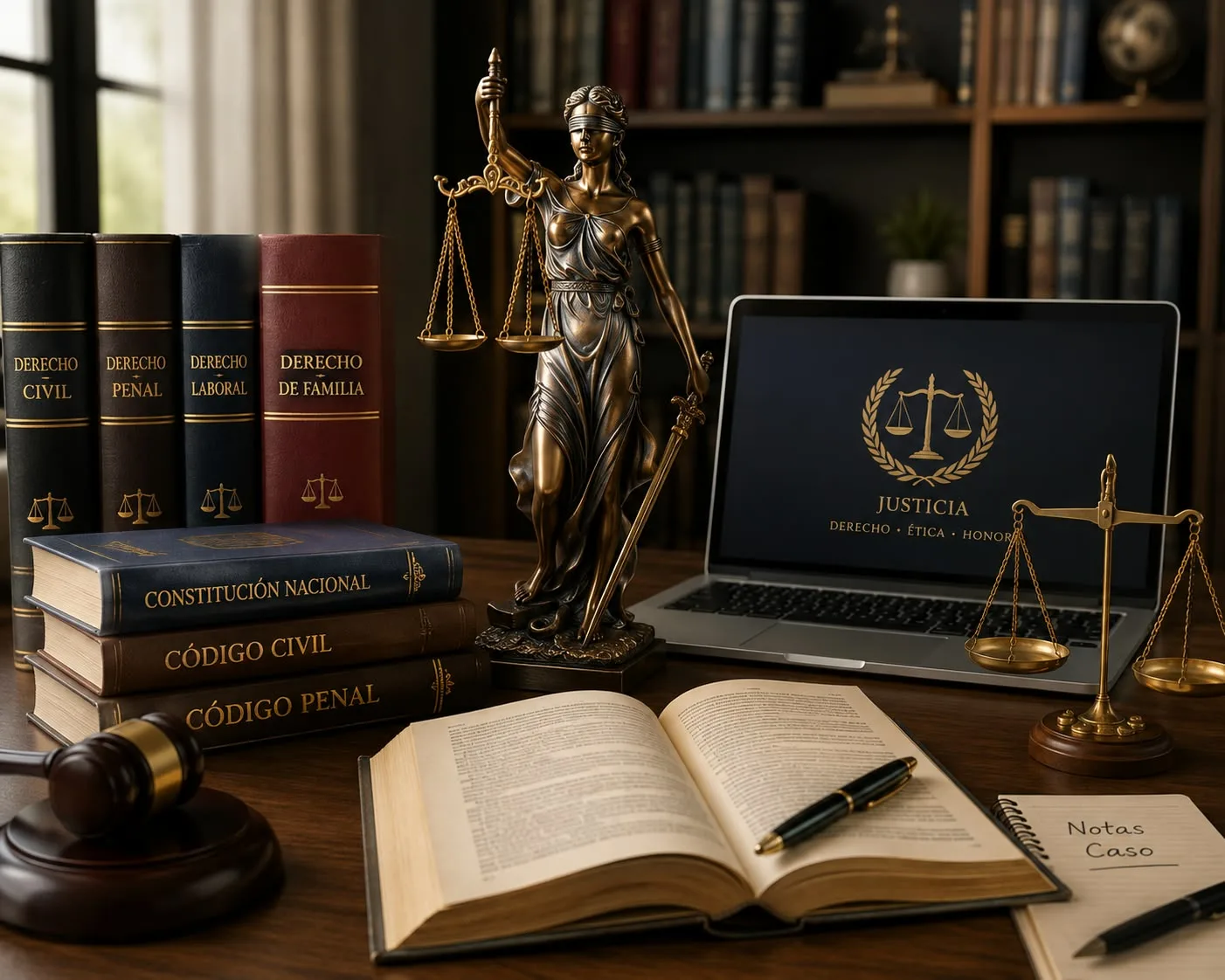 Escritorio de estudio jurídico con la estatua de la justicia, códigos y una balanza